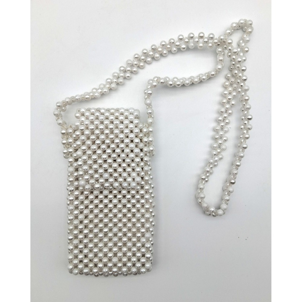 White Faux Pearl Beaded Evening Bridal Wedding Clutch Crossbody Purse Phone Bag
